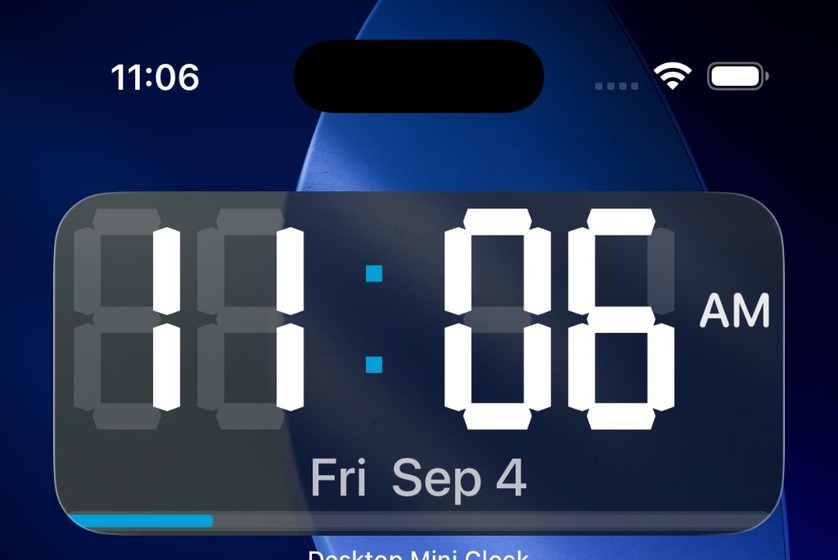 Desktop Mini Clock on the iPhone Home Screen, showing 11:06 AM, Friday 4 September.