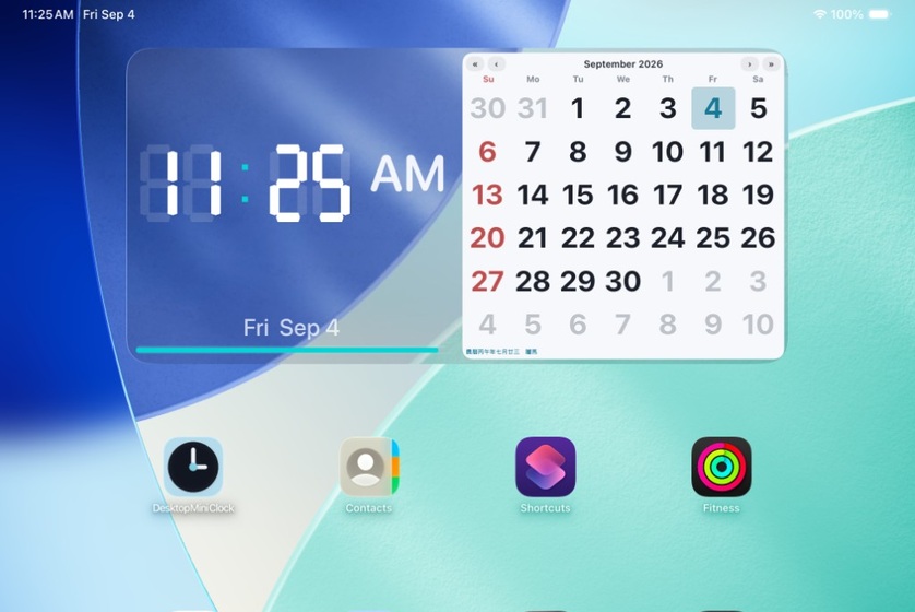 Desktop Mini Clock on the iPad Home Screen, with the clock at 11:25 AM and a September 2026 calendar.