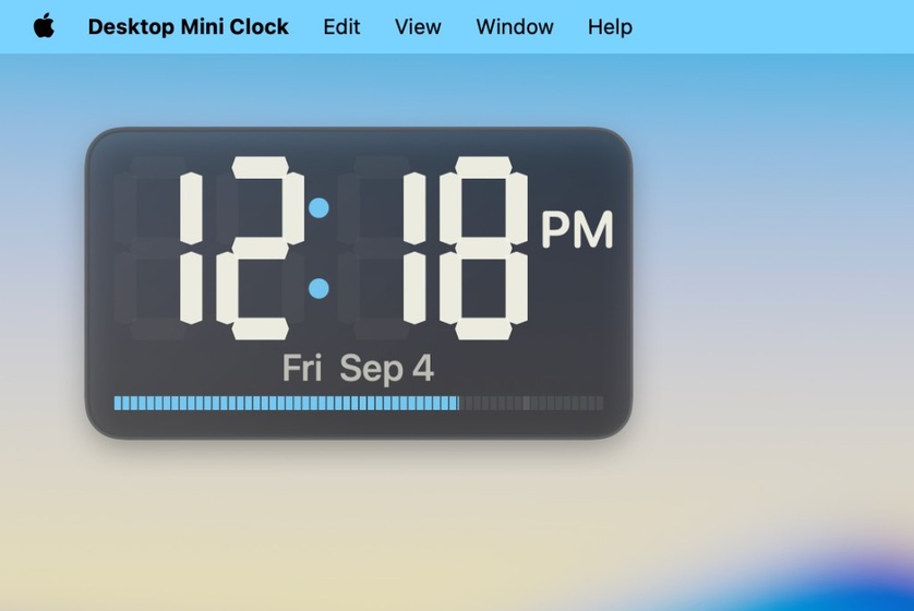 Desktop Mini Clock on macOS, showing 12:18 PM, Friday 4 September.