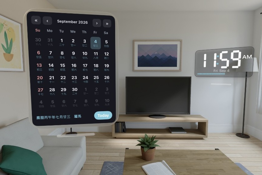 Desktop Mini Clock on visionOS, with a September 2026 calendar and an 11:59 AM clock panel.